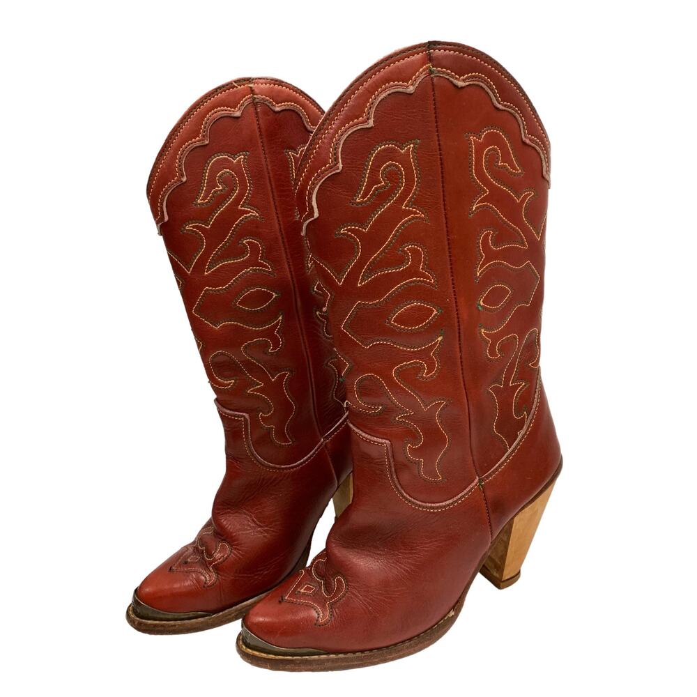 70s Zodiac Oxblood Embroidered Cowboy Boots w Heels | Burgundy 5 M